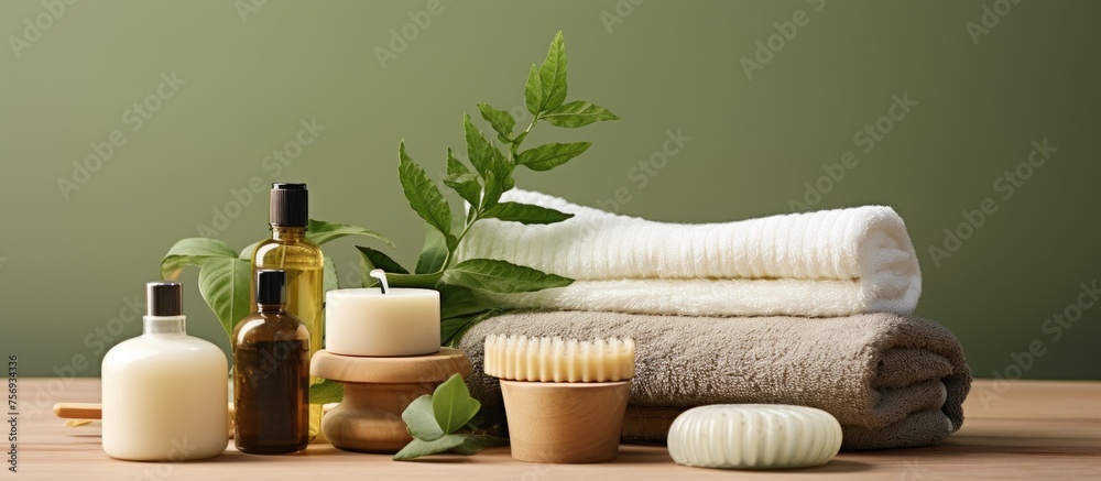 A hardwood table adorned with towels, candles, soap, and bottles of liquid cosmetics. The natural elements create a rustic and inviting atmosphere A hardwood table adorned with towels, candles, soap, and bottles of liquid cosmetics. The natural elements create a rustic and inviting atmosphere
