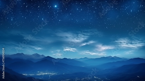 Panoramic tranquility: a view of the night sky with the moon and stars, marking the celebration of Ramadan Kareem against a mountainous backdrop.