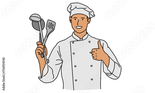 line art color of chef with kitchen appliances