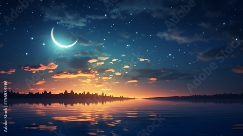 Ramadan Kareem backdrop showcasing a crescent, stars, and luminous clouds over a tranquil sea.