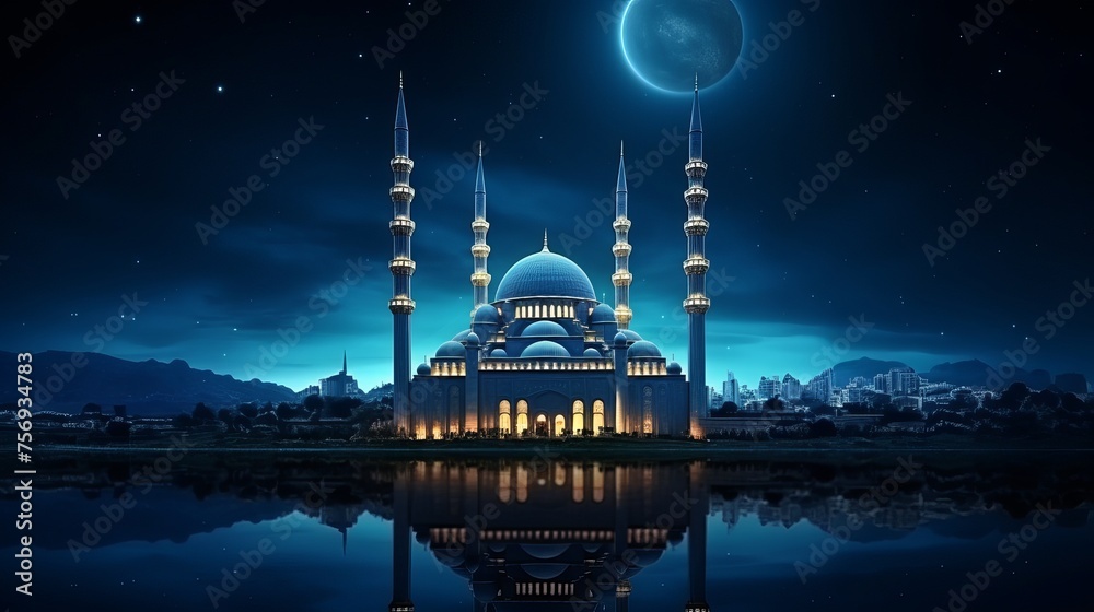 Serene mosque bathed in tranquil blue moonlight, symbolizing Ramadan's arrival. Crescent photo captured for Eid ul Fitr celebration. - obrazy, fototapety, plakaty 