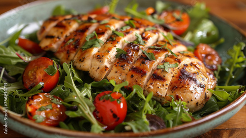 A plate of grilled chicken with tomatoes and greens