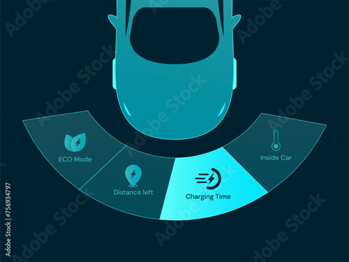 Top view electric car dashboard hologram interface with display status and icons ECO Mode, Distance left, Charging Time, Air Inside car vector design concept. EV Car interface vector for ui, web, app.