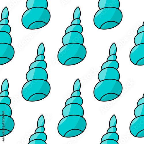 Seashells molluscs. Snails in shells. Summer Seamless Pattern Background. Animals of the sea. Colored seafood. Print for children's and adult clothing. Hand drawn vector illustration.