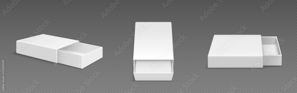 White blank open slide box mockup. Realistic vector illustration set of different view angles on empty rectangular matchbox or gift package of drawer type template. Slide carton pack with sleeve. White blank open slide box mockup. Realistic vector illustration set of different view angles on empty rectangular matchbox or gift package of drawer type template. Slide carton pack with sleeve.