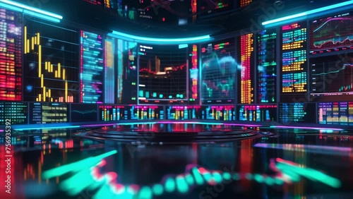 A colorful hologram of a trading desk with multiple holographic screens showing different aspects of stock market ysis. photo