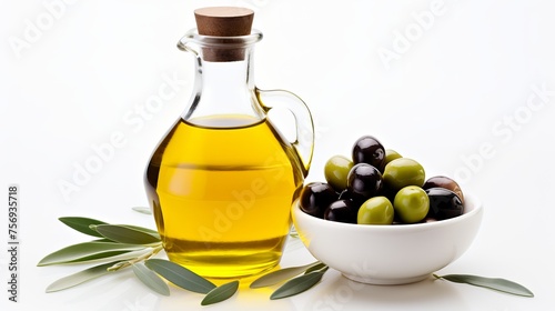 A jar filled with olive oil accompanied by black olives, depicted in isolation against a white background.