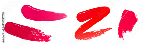 Red and pink lipstick or nail polish swatch. Realistic vector illustration set of painted lip makeup product brush smudge. Glossy cream brushstroke stripe and blotch. Lipgloss or lacquer sample.