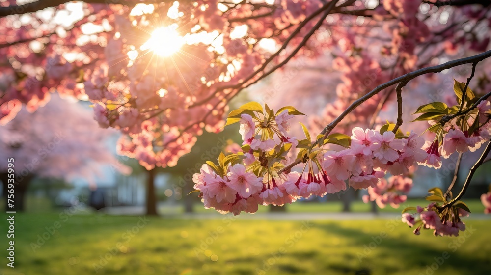 Abundantly blooming cherry tree garden on a lush lawn, with sunlight filtering through the branches. Abundantly blooming cherry tree garden on a lush lawn, with sunlight filtering through the branches.
