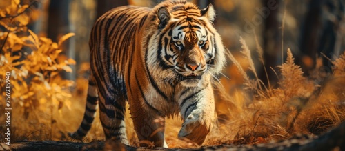 A Bengal tiger  a member of the Felidae family  is a carnivorous terrestrial animal with striking hair and whiskers  often found walking through forests like Siberian tigers