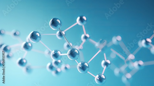 Abstract model depicting molecules, reflecting scientific research in molecular chemistry, presented in a 3D illustration against a pearl blue backdrop.