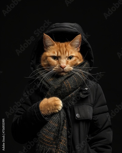 Cat dressed in winter clothes on black. A cat disguised as a human stands out on a black backdrop, wearing winter attire, creating a quirky vibe