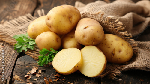 Raw Organic Golden Potatoes in the Wooden Crate on Aged Wood Planks Table.