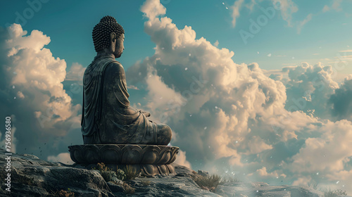 White Buddha statue meditate Blue Sky and Clouds around  Buddha Statue Copy Space  ai generated