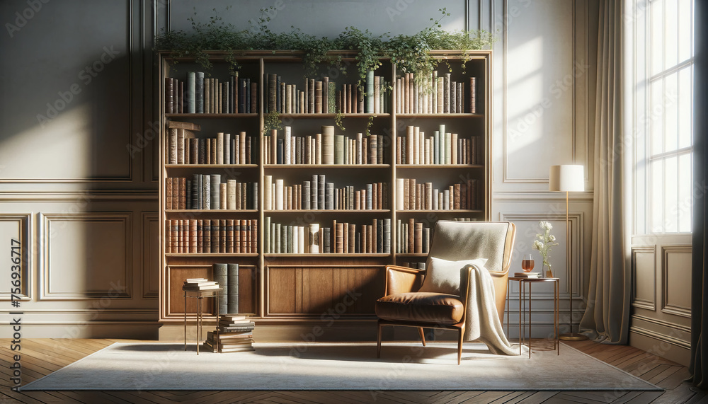 A simple crafted wooden bookshelf filled with a variety of books and chair. Ai generative