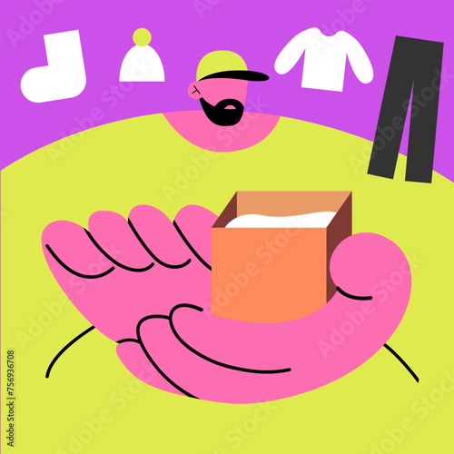 Donation boxes. Exchange of used clothes. Man gives Fashionable donation box for charity clothing. Flat vector illustration.