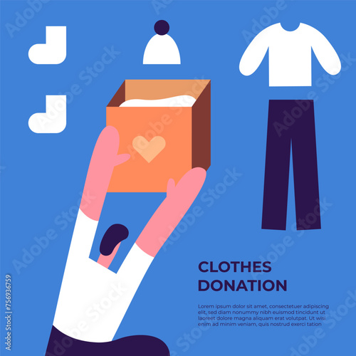 Donation boxes. Exchange of used clothes. Boy gives Fashionable donation box for charity clothing. Flat vector illustration.