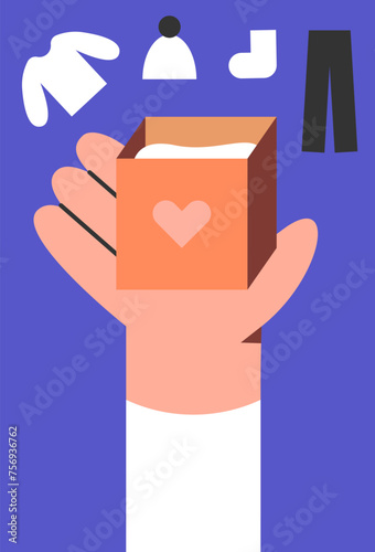 Donation boxes. Exchange of used clothes. Man's Hand with Fashionable donation box for charity clothing. Flat vector illustration.