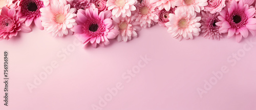 Beautiful flowers composition. Pink flowers on pastel