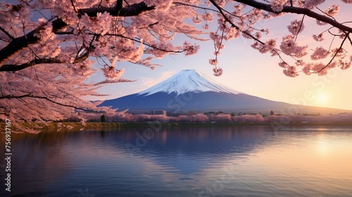 Cherry blossoms or Sakura alongside Mount Fuji, captured by a river in the morning. © Shabnam