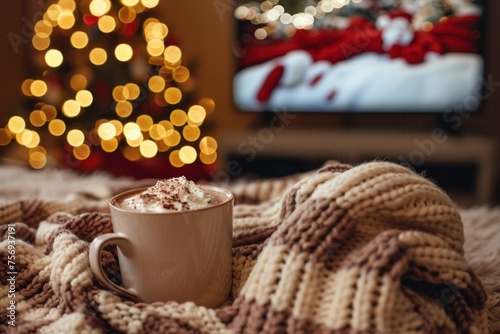A cup of hot chocolate in stylish drinkware, wrapped in a knitted blanket