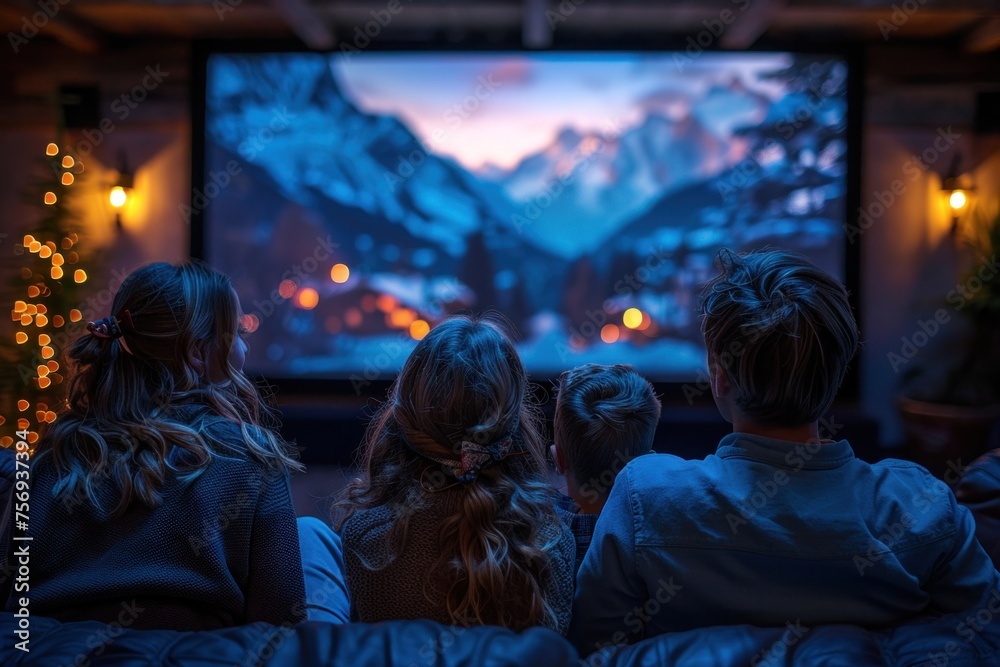 Family having fun watching a movie on a projector screen in the darkness Family having fun watching a movie on a projector screen in the darkness