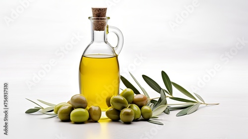 Delicious olive oil contained within a glass bottle, paired with green olives and leaves, presented in isolation against a white background.