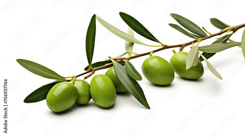 Fresh olive tree branch adorned with olives, showcased on a white background.