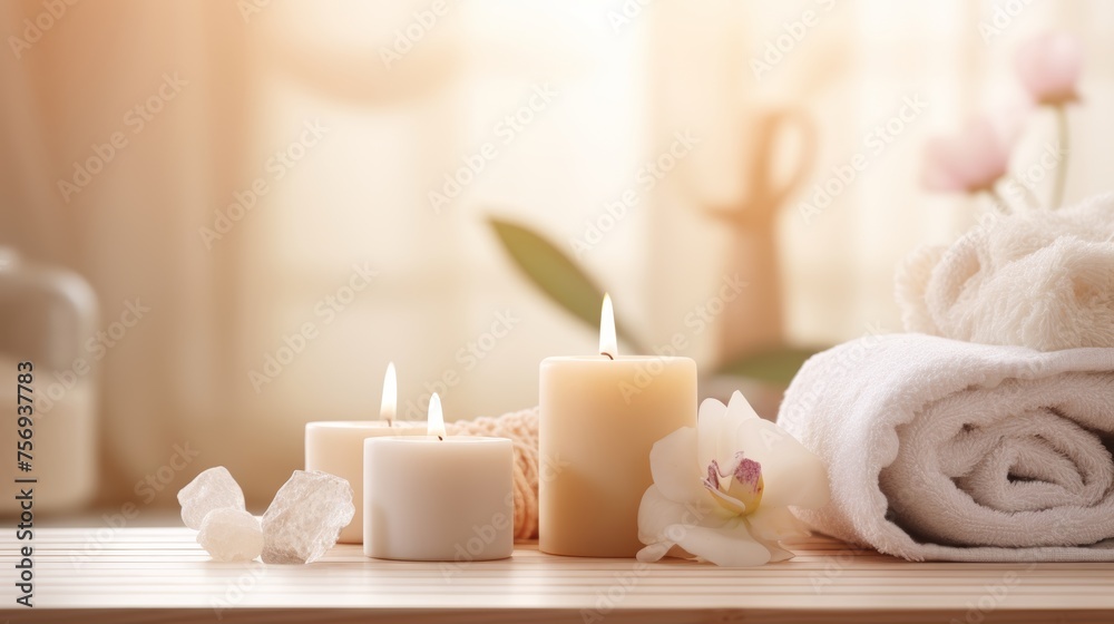 Beautiful spa treatment composition such as Towels, candles, essential oils, Massage Stones on light wooden background. blur living room, natural creams and moisturizing Healthy lifestyle, body care