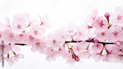 Ethereal cherry blossoms forming a natural border  studio isolated against a pure white background in a panoramic format.