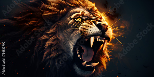 an image of a lion face roaring with his two tall teeth and yellow shade eyes dark background