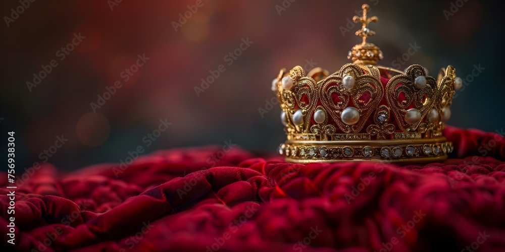 Golden crown atop velvet pillow symbolizing royal authority and honor. Concept Crown Symbolism, Royal Authority, Honor, Velvet Pillow, Golden Decoration