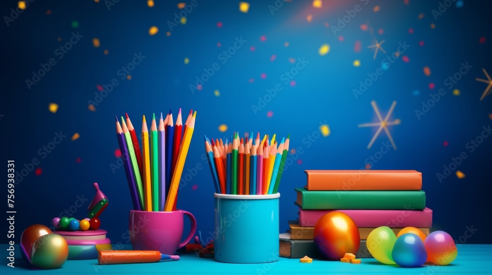 Vibrant back to school background with colorful pencils, books, and stationery arranged in a creative composition, school, education, creativity, stationery.