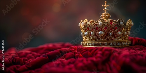 Golden crown atop velvet pillow symbolizing royal authority and honor. Concept Crown Symbolism, Royal Authority, Honor, Velvet Pillow, Golden Decoration