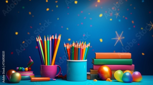 Vibrant back to school background with colorful pencils, books, and stationery arranged in a creative composition, school, education, creativity, stationery.