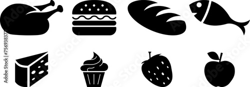 Set of flat icons of a cheese, cupcake, apple, strawberry, chicken, hamburger, bread and fish