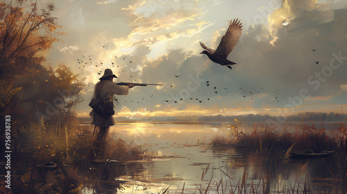 Hunter Shooting Flying Duck in Natural Environment, Outdoor Sport Adventure, Wildlife Hunting Scene, Generative Ai

