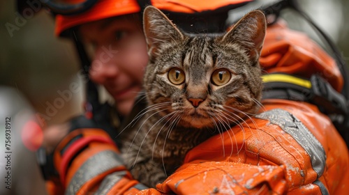A rescuer carries a cat pulled out of a danger zone in his arms photo