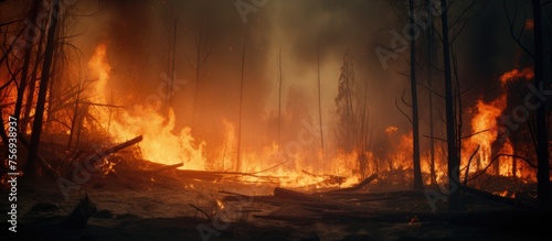 A fierce wildfire rages through a dense forest, flames consuming trees and vegetation in its path. The orange glow and thick smoke paint a scene of destruction and devastation.