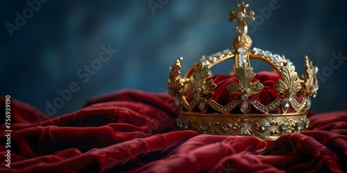 Symbol of royal authority and honor: a golden crown resting on a velvet pillow. Concept Royal Authority, Golden Crown, Honor, Velvet Pillow, Symbol