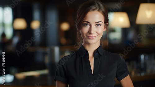 Portrait of a stunning hostess gazing directly at the camera.