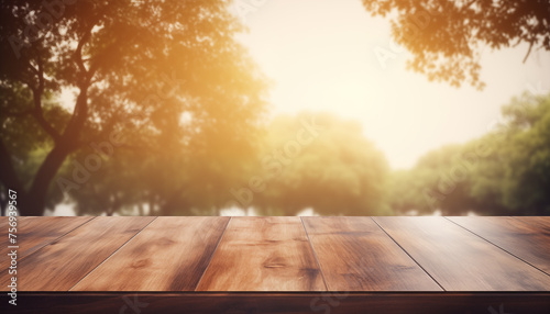 Wood table in wooden park outdoors background blurred