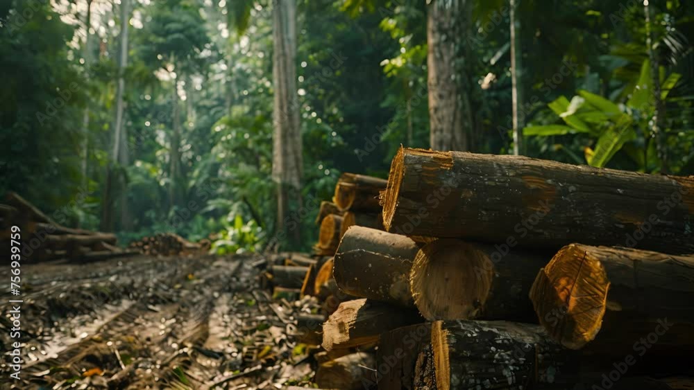 A closeup of a forest clearing with piles of recently trees stacked up to be used for biofuel production highlighting the environmental impact on deforestation. A closeup of a forest clearing with piles of recently trees stacked up to be used for biofuel production highlighting the environmental impact on deforestation.
