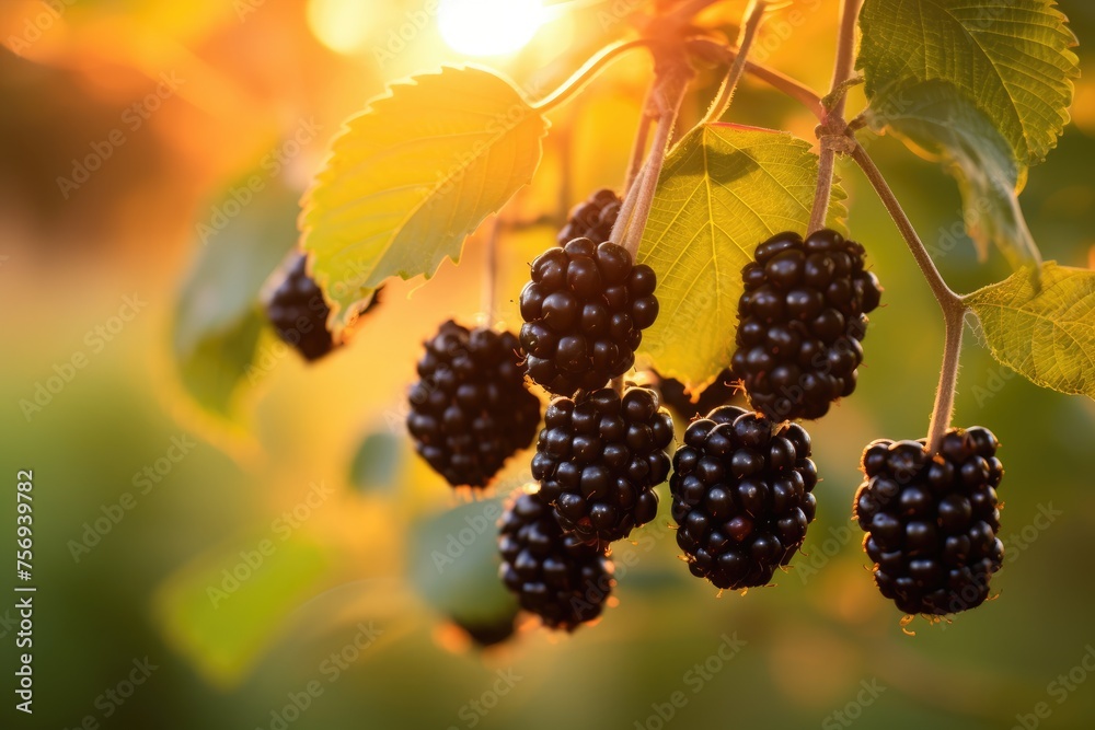 Delicious blackberries on a green branch in the garden at sunset A branch with natural blackberries against a blurred background, Blackberries falling in the air with Blackberry leaves, Ai generated