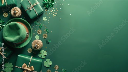 St. Patrick's Day celebration concept with green hat, gifts, and decorations on a dark green background.