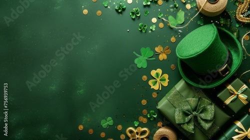 Top view of St. Patrick's Day essentials, including a green top hat, shamrocks, and gold coins on a green background.