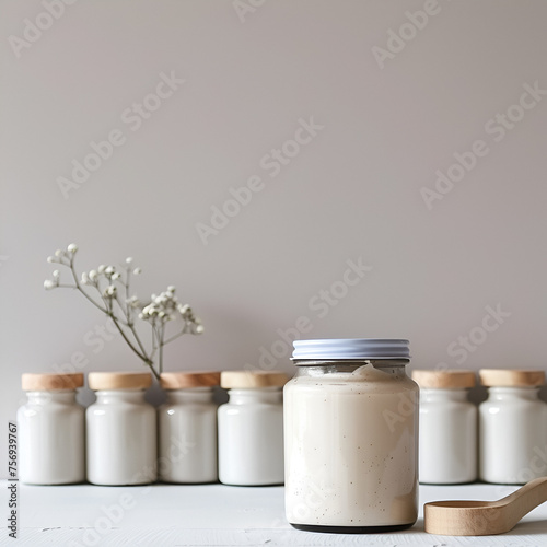 Jar with Cream Amidst White Bottles and Copy Space, Stock Image for Design Projects, Generative Ai