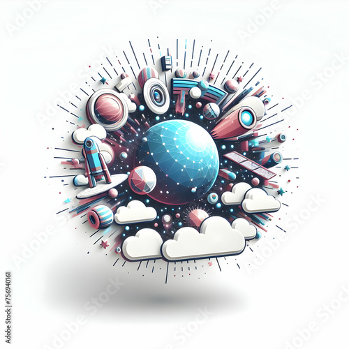 3D Flat Icon Holographic Universe Concept A universe where everything is made from holographic projections with white background and isolated fantasy digital innovation