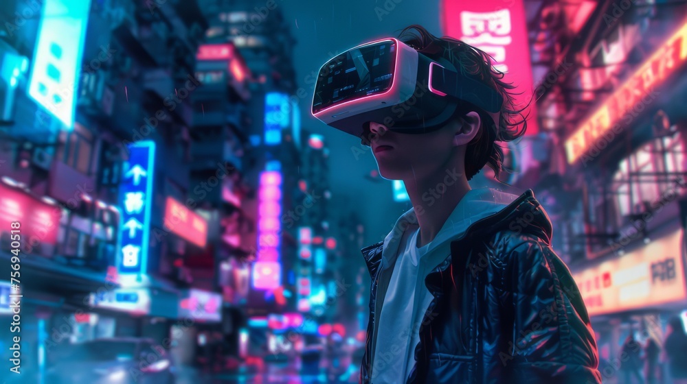 An individual wearing a VR headset outdoors at night, depicted in vibrant futurism style against a backdrop of futuristic cityscapes. An individual wearing a VR headset outdoors at night, depicted in vibrant futurism style against a backdrop of futuristic cityscapes.