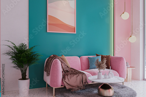 view of a pink couch in a blue waiting area for the customers.